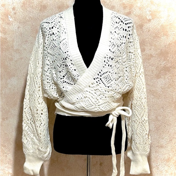 Off White or Milky White Knit Semi Sheer Wrap Sweater - Decorative Side Tie - Picture 5 of 16